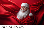Santa Claus is wrapped snugly in a bright red cloth and happily smiling with joy. Стоковое AI-изображение, AI-художник Юрий Поздников / Фотобанк Лори