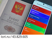 Экран смартфона с открытым разделом "Документы для предъявления" портала государственных услуг и паспорт Российской федерации (2024 год). Редакционное фото, фотограф Цибаев Алексей / Фотобанк Лори