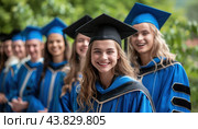 A group of recent graduates are cheerfully posing together for a memorable picture. Стоковое AI-изображение, AI-художник Юрий Поздников / Фотобанк Лори