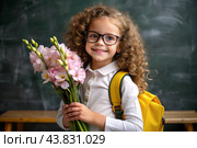 A sweet, beautiful first-grader girl with glasses. In the hands of a bouquet of flowers. The child goes to school for the first time. A child with a backpack, a book and flowers. Back to school. Стоковое AI-изображение, AI-художник Photojuli / Фотобанк Лори
