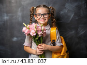 A sweet, beautiful first-grader girl with glasses. In the hands of a bouquet of flowers. The child goes to school for the first time. A child with a backpack, a book and flowers. Back to school. Стоковое AI-изображение, AI-художник Photojuli / Фотобанк Лори
