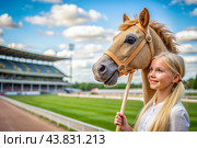Hobbyhorsing. A new kind of sport. A stick with a horse's head to simulate a horse race. A girl at a horse racing stadium. Стоковое AI-изображение, AI-художник Photojuli / Фотобанк Лори