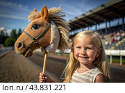 Hobbyhorsing. A new kind of sport. A stick with a horse's head to simulate a horse race. A girl at a horse racing stadium. Стоковое AI-изображение, AI-художник Photojuli / Фотобанк Лори