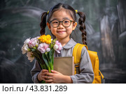 A first-grader Asian girl with glasses at the blackboard. The girl has flowers in her hands. The child goes to school for the first time. A child with a backpack, a book and flowers. Back to school. Стоковое AI-изображение, AI-художник Photojuli / Фотобанк Лори