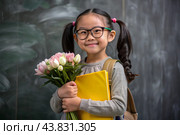 A first-grader Asian girl with glasses at the blackboard. The girl has flowers in her hands. The child goes to school for the first time. A child with a backpack, a book and flowers. Back to school. Стоковое AI-изображение, AI-художник Photojuli / Фотобанк Лори