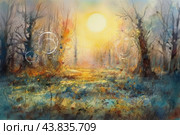 A watercolor painting depicting a sunny forest landscape. In the center of the painting is a bright sun illuminating a forest clearing surrounded by trees with bare branches. Watercolor paints create soft color transitions from warm yellow and orange shades in the center to cool blue and green on the periphery. Colored spots and circles are scattered throughout the painting, giving the image a sense of magic and fantasy. The painting conveys the atmosphere of a quiet and calm morning in the forest. Стоковое AI-изображение, AI-художник Анна Кривицкая / Фотобанк Лори