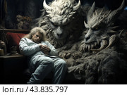 A man with long blond hair, dressed in white, sitting in a cozy but somewhat sinister setting. He is on a sofa with a red cushion, surrounded by two huge, fantastical creatures with expressive faces and horns. The creatures have massive, shaggy bodies and sinister eyes, but their expressions are more friendly than hostile. The background of the painting is dark and mysterious, with various sculptures and art objects creating an atmosphere of mysticism and fantasy. The man appears calm, perhaps thoughtful, despite his surroundings. Стоковое AI-изображение, AI-художник Анна Кривицкая / Фотобанк Лори