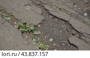 Uneven asphalt, crushed stone-mastic layer, road, holes не ровный асфальт, щебеночный-мастичный слой,  дорога, ямы. Стоковое видео, видеограф Опока Алексей / Фотобанк Лори