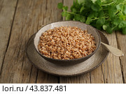 Boiled buckwheat porridge in black bowl and spoon on dark old wooden background, side view. Стоковое фото, фотограф Natalia Gdovskaia / Фотобанк Лори