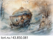 Winter scene with an elegant horse-drawn carriage. The carriage is shaped like a Cinderella carriage with a domed roof decorated with garlands and curtains. Inside the carriage sit a man and a woman in period clothing enjoying the ride. The woman is dressed in warm clothes, with a fur hat and cape, giving the impression of a cozy winter ride. Around the carriage you can see a winter forest covered in snow, with bare trees and soft light, creating the atmosphere of a fairytale winter evening. In the foreground is a coachman in warm clothes leading the horses along a snowy road. Стоковое AI-изображение, AI-художник Анна Кривицкая / Фотобанк Лори