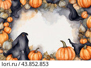 Autumn poster made of pumpkins, hats and Halloween attributes with copy space. Стоковое AI-изображение, AI-художник Мария Мороз / Фотобанк Лори