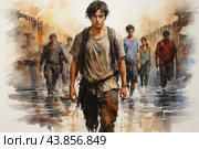 A group of young people walking forward along a wet road. The central character stands out in the foreground, his gaze directed forward, his facial expression serious and determined. The clothes of all participants are dirty, they look tired and exhausted. The background depicts a destroyed and burnt city or industrial zone, creating an atmosphere of post-apocalypse or difficult conditions. The colors of the image are muted, shades of brown, gray and beige predominate, which enhances the feeling of severity and struggle. Стоковое AI-изображение, AI-художник Анна Кривицкая / Фотобанк Лори