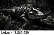 Крокодил в воде. Черно-белая фотография. Стоковое AI-изображение, AI-художник Антон Черепанов / Фотобанк Лори