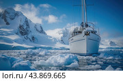 A sailboat floats gracefully on a serene body of water, surrounded by icecovered areas. Стоковое AI-изображение, AI-художник Юрий Поздников / Фотобанк Лори