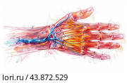 Human hand anatomy showing bones, muscles, tendons, ligaments, veins and arteries. Стоковое AI-изображение, AI-художник Юрий Поздников / Фотобанк Лори