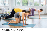 Young female teacher working out surya namaskar with multinational students group. Стоковое фото, фотограф Яков Филимонов / Фотобанк Лори