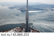 Русский мост через пролив Босфор Восточный, зимой, вид с самолета (2023 год). Стоковое фото, фотограф Павел Сапрыкин / Фотобанк Лори