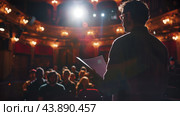 Enthusiastic Performer Delivers Captivating Monologue to Engaged Audience in Historic Theater. Стоковое AI-изображение, AI-художник Сергей Толмачёв / Фотобанк Лори