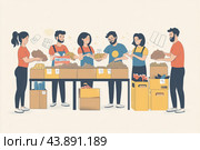 Community Volunteers Organizing Care Packages for Local Families During Food Drive Event. Стоковое AI-изображение, AI-художник Сергей Толмачёв / Фотобанк Лори