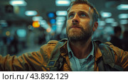 A Man in a Brown Jacket Stands Uncertainly in a Busy Airport Terminal. Стоковое AI-изображение, AI-художник Сергей Толмачёв / Фотобанк Лори