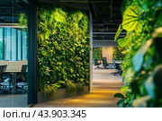 Modern Office Space With Lush Greenery and Open Layout During Daylight Hours. Стоковое AI-изображение, AI-художник Сергей Толмачёв / Фотобанк Лори