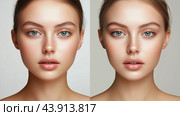 A side-by-side comparison of two portraits showcasing natural beauty and flawless skin tone in a studio setting. Стоковое AI-изображение, AI-художник Сергей Толмачёв / Фотобанк Лори