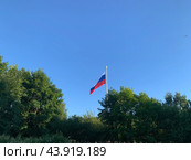 Развевающийся Государственный флаг Российской Федерации (Флаг России) на фоне голубого неба с облаками. Вид из парка 300-летия Санкт-Петербурга. (2024 год). Стоковое фото, фотограф Елена Яворская / Фотобанк Лори