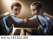 Little men greet leaning out of laptops. Стоковое AI-изображение, AI-художник RamA / Фотобанк Лори