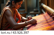 Traditional Indian weaver crafting on handloom in village settingries. Стоковое AI-изображение, AI-художник Анна Маркина / Фотобанк Лори
