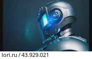 Futuristic robot head with blue light activation in profile view. Стоковое AI-видео, аниматор Данил Руденко / Фотобанк Лори