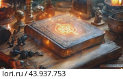 Grimoire casting magical light surrounded by esoteric objects and candles. Стоковое AI-видео, аниматор Юрий Поздников / Фотобанк Лори