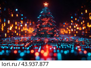 Цифровая Рождественская ель в киберпространстве сияет разноцветными огнями, виртуальный объект на Новый год. Стоковое AI-изображение, AI-художник Щеголева Ольга / Фотобанк Лори