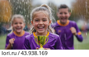 Girl Holding Champion's Cup with Team in the Rain. Стоковое AI-видео, аниматор Юрий Поздников / Фотобанк Лори