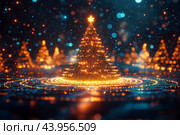 Нарядная новогодняя ель сияет разноцветными огнями, Новый год и Рождество в виртуальной реальности. Стоковое AI-изображение, AI-художник Щеголева Ольга / Фотобанк Лори