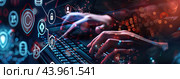 A human hand on a keyboard in a cloud of confidential data. The concept of information protection. Стоковое AI-изображение, AI-художник Ярославский Максим / Фотобанк Лори