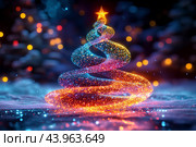 Чудесная виртуальная ель сияет разноцветными огнями, Новый год и Рождество в киберпространстве. Стоковое AI-изображение, AI-художник Щеголева Ольга / Фотобанк Лори