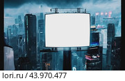Rainy futuristic cityscape with blank billboard for urban themes. Стоковое AI-видео, аниматор Данил Руденко / Фотобанк Лори