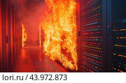 Fire engulfing server racks in datacenter: a disaster for business continuity. Стоковое AI-изображение, AI-художник Юрий Поздников / Фотобанк Лори
