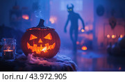Halloween pumpkin illuminating scary devil figure lurking in background. Стоковое AI-изображение, AI-художник Юрий Поздников / Фотобанк Лори