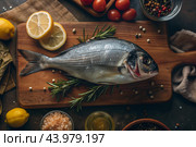 Delicious and healthy fish. Raw dorado with lemon and ingredients on a dark background. Banner, menu, place for recipe text, top view. Стоковое AI-изображение, AI-художник Photojuli / Фотобанк Лори
