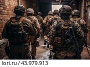 War. Military actions. Soldiers of the elite anti-terrorist unit of the army among the broken buildings. Clearing the territory from the enemy. Стоковое AI-изображение, AI-художник Photojuli / Фотобанк Лори
