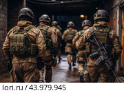 War. Military actions. Soldiers of the elite anti-terrorist unit of the army among the broken buildings. Clearing the territory from the enemy. Стоковое AI-изображение, AI-художник Photojuli / Фотобанк Лори