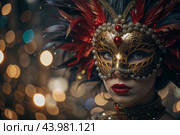 The Venetian Carnival. Close-up of a woman in an ornate carnival mask. Bright colors convey an atmosphere of celebration and luxury. Стоковое AI-изображение, AI-художник Photojuli / Фотобанк Лори