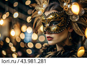 The Venetian Carnival. Close-up of a woman in an ornate carnival mask. Bright colors convey an atmosphere of celebration and luxury. Стоковое AI-изображение, AI-художник Photojuli / Фотобанк Лори