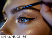 Expert makeup artist enhances brows and eye makeup for a flawless look at a beauty salon. Стоковое AI-изображение, AI-художник Сергей Толмачёв / Фотобанк Лори