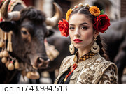 A Spanish girl in a traditional Spanish national costume. Against the background of a bull. Bullfighting. The portrait symbolizes the traditions and culture of the people of Spain. Стоковое AI-изображение, AI-художник Photojuli / Фотобанк Лори