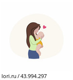 A mother holds a newborn baby in her arms. The mother and the child. Vector flat cartoon illustration on the theme of motherhood, childbirth, pregnancy and childhood. Happy childhood, beloved child. Стоковая иллюстрация, иллюстратор Полина Екимова / Фотобанк Лори