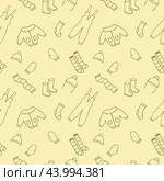 Vector seamless endless pattern with Doodle illustrations of children's winter clothing. A set of warm clothes for winter and autumn. Background for packaging paper, textiles, and tailoring. Стоковая иллюстрация, иллюстратор Полина Екимова / Фотобанк Лори