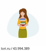 A beautiful girl is holding a stack of books. A woman with books in the library. The concept of reading, electronic library, and phone apps. Infographics for a bookstore. Vector flat illustration. Стоковая иллюстрация, иллюстратор Полина Екимова / Фотобанк Лори