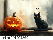 Тыква, черный кот и летучая мышь. Открытка к празднику Хэллоуин. Стоковое AI-изображение, AI-художник Щеголева Ольга / Фотобанк Лори